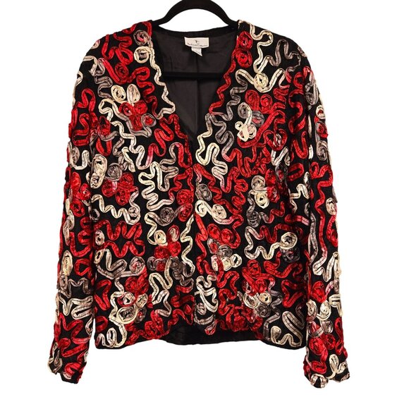 Vintage XL Womens Jacket Art to Wear Abstract Ribbon Design In Red White Black - Picture 1 of 12